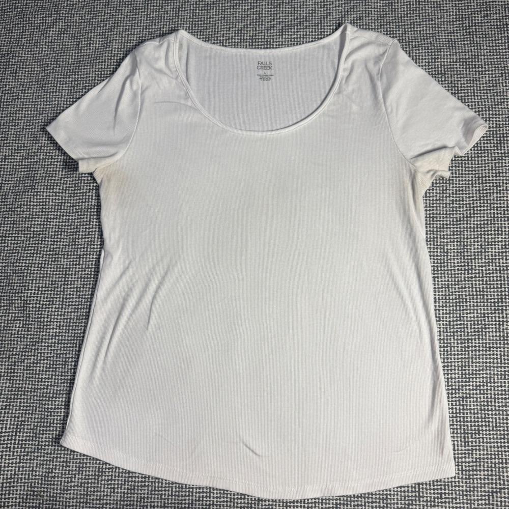 Falls Creek Womens White Ribbed Scoop Neck Short Sleeve Tee Shirt Size L